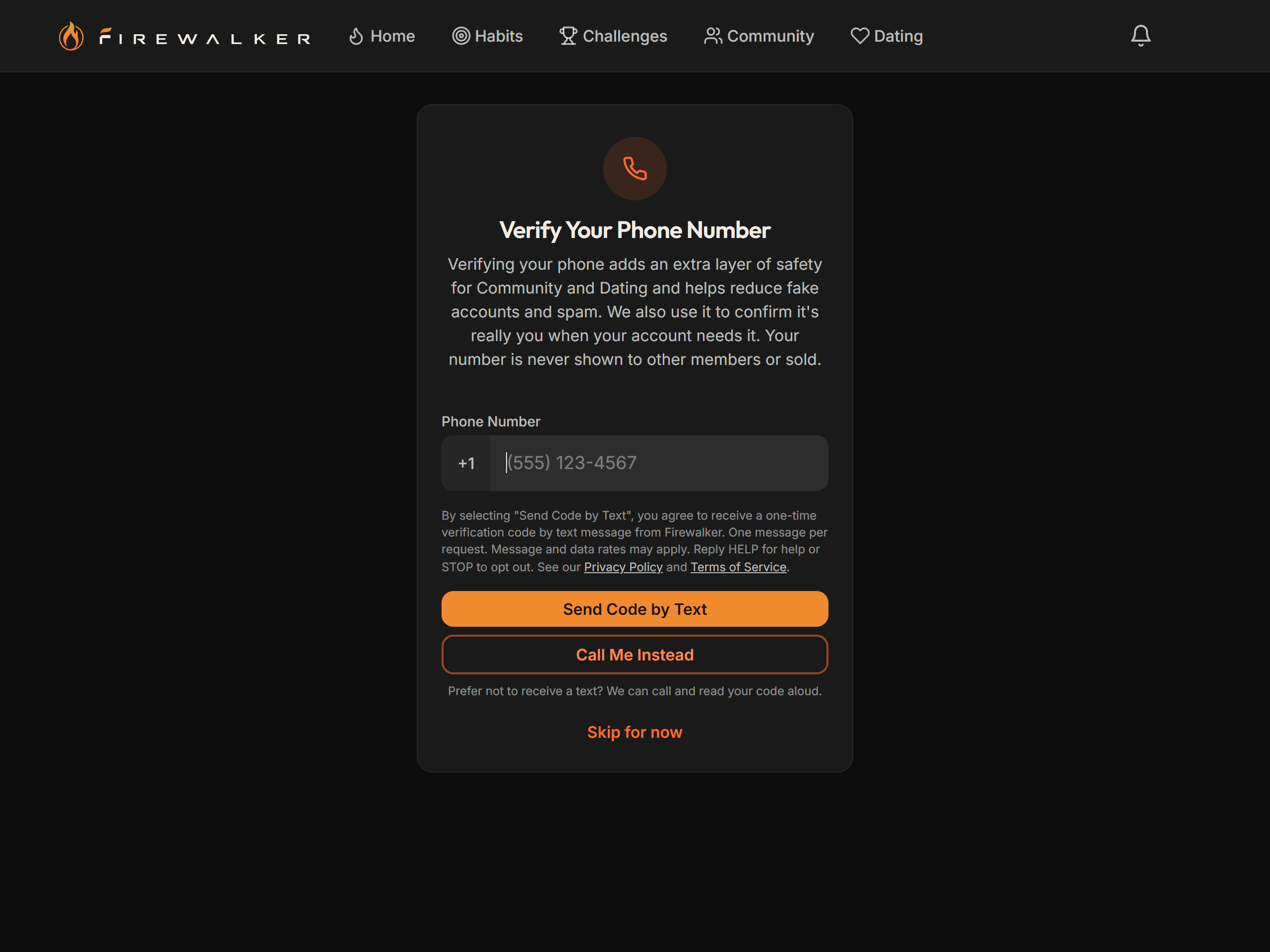 Screenshot of the Firewalker phone-verification page on desktop, showing the phone number field, the SMS consent disclosure, the Send Code by Text and Call Me Instead buttons, and Skip for now