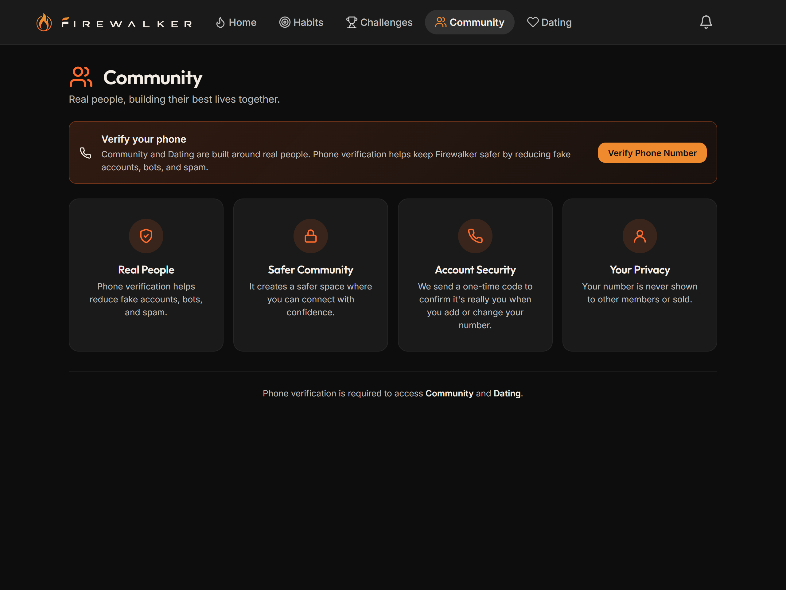 Screenshot of the locked Community area on desktop explaining why phone verification is required, with a Verify Phone Number button and cards titled Real People, Safer Community, Account Security, and Your Privacy