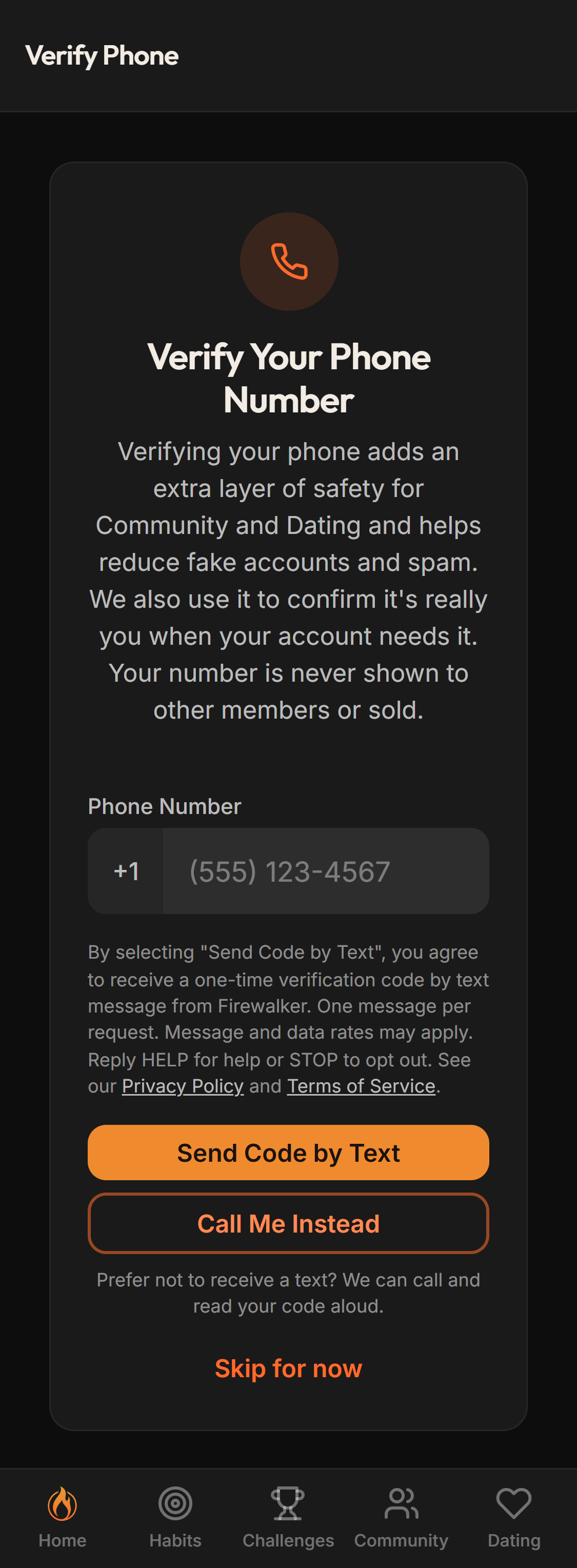 Screenshot of the Firewalker phone-verification page on a mobile viewport, showing the phone number field, the SMS consent disclosure, the Send Code by Text and Call Me Instead buttons, and Skip for now