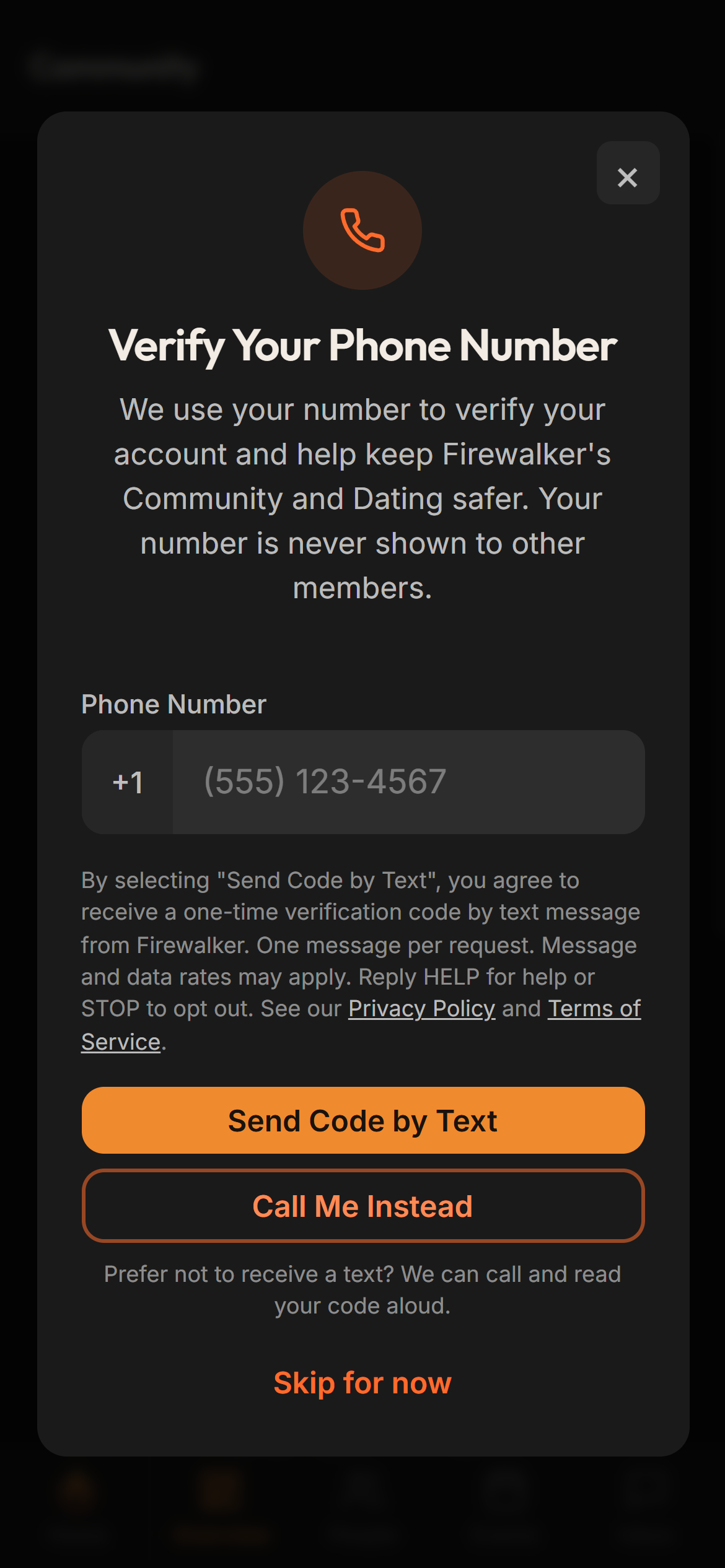 Screenshot of the same phone-verification dialog on a mobile viewport