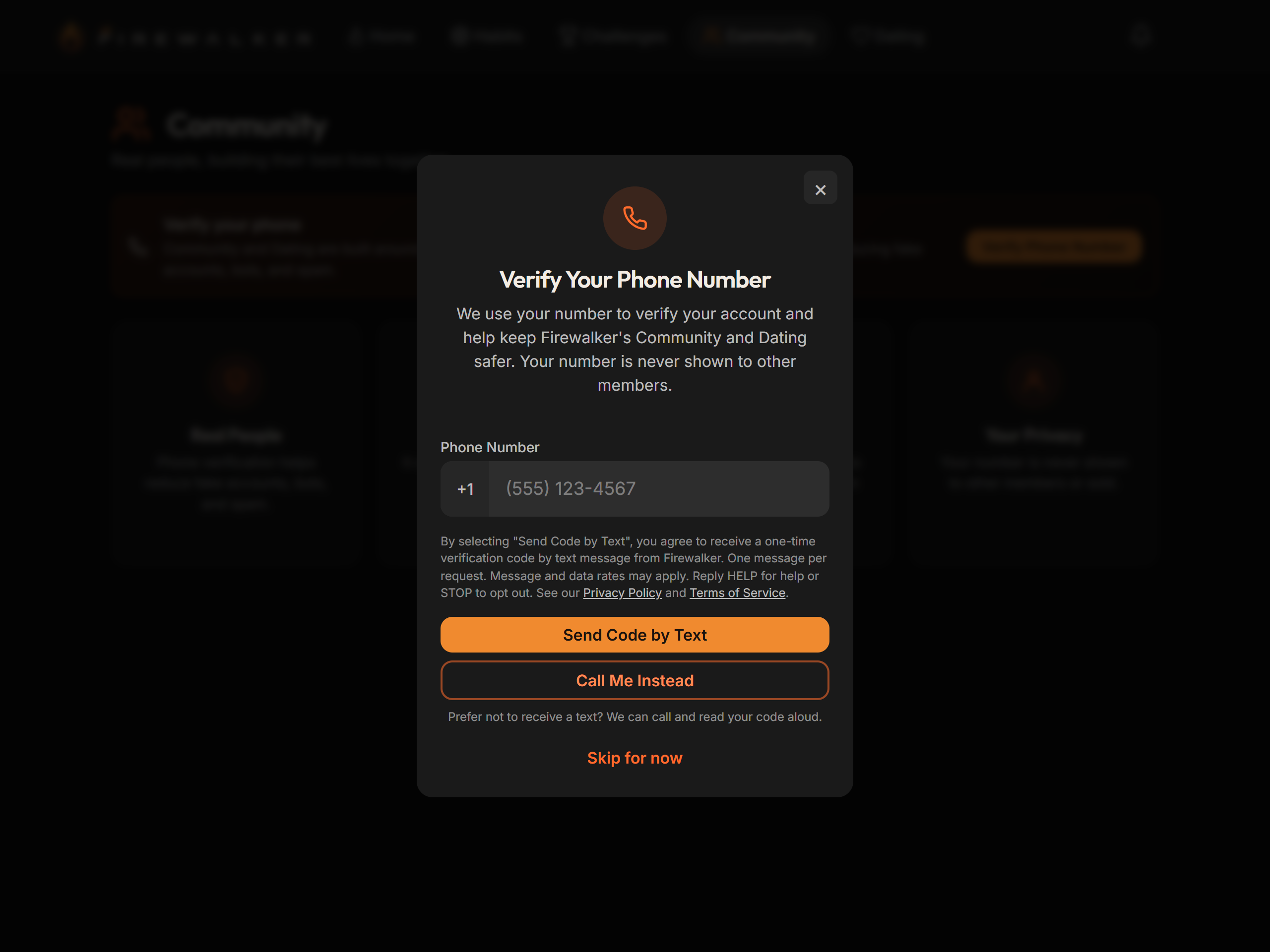 Screenshot of the phone-verification dialog opened from Community on desktop, showing the phone number field, the SMS consent disclosure, the Send Code by Text and Call Me Instead buttons, and Skip for now